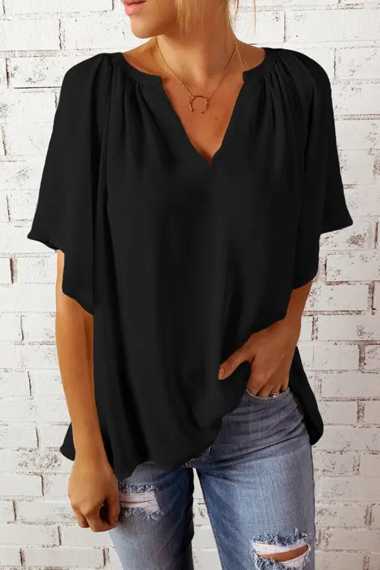 White split neck pleated loose top - tops