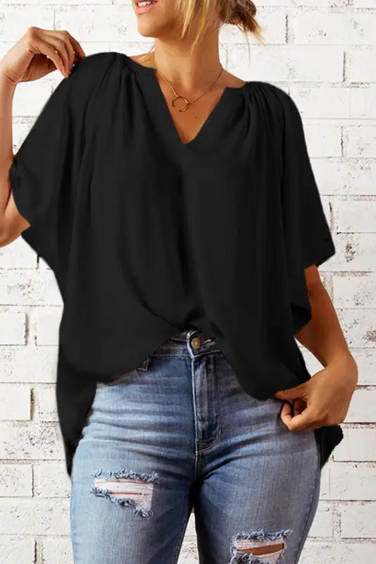 White split neck pleated loose top - tops