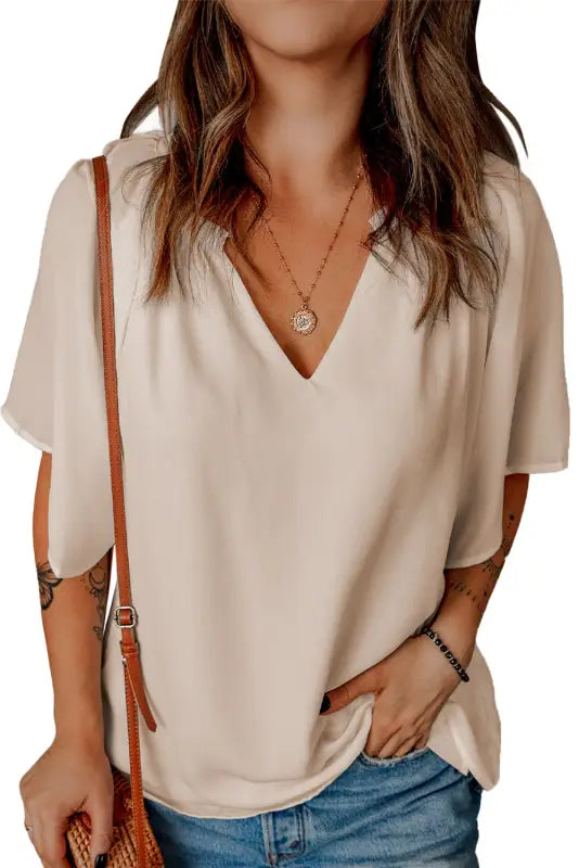 White split neck pleated loose top - tops