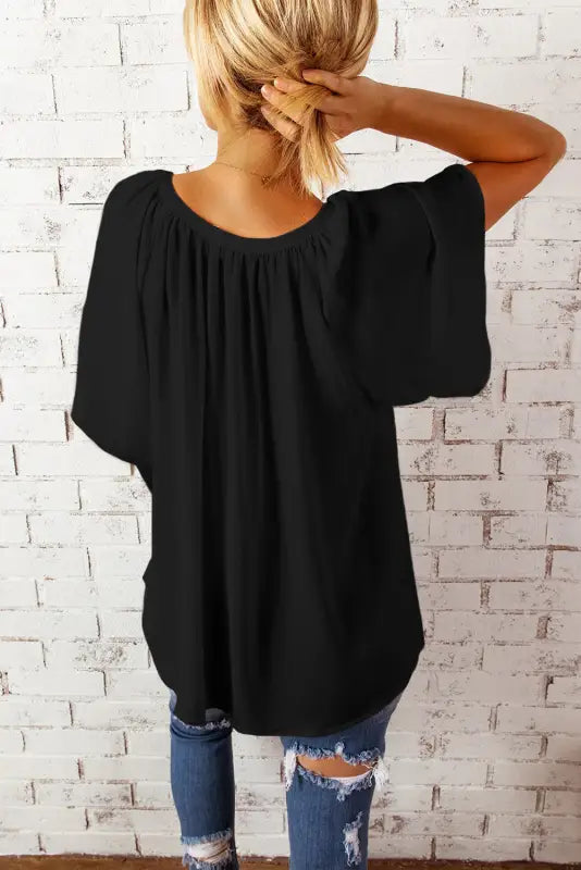 White split neck pleated loose top - tops