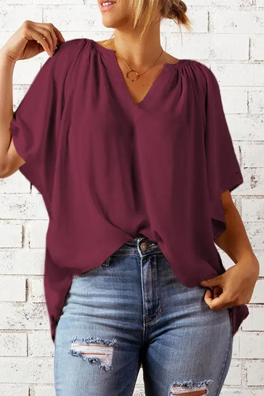 White split neck pleated loose top - tops