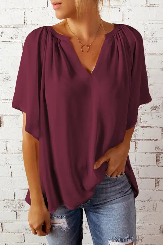 White split neck pleated loose top - tops