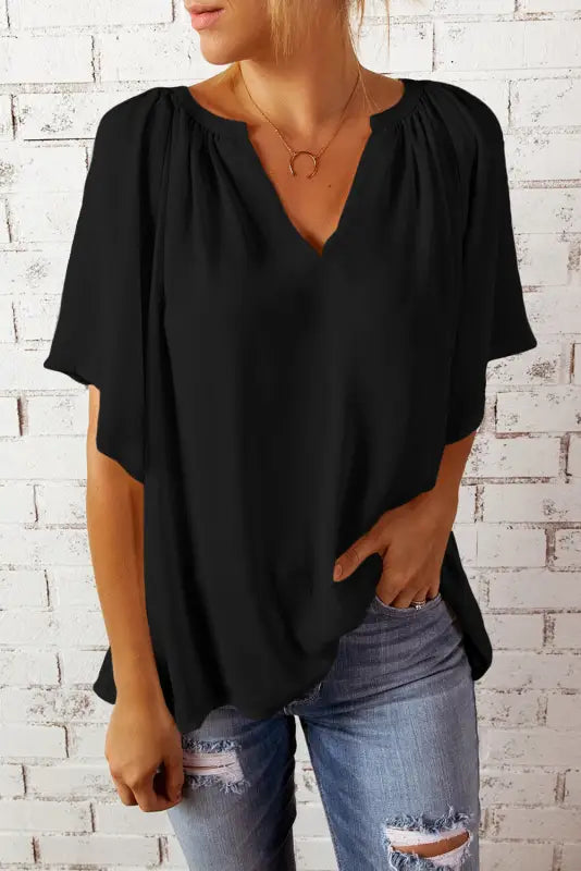 White split neck pleated loose top - tops