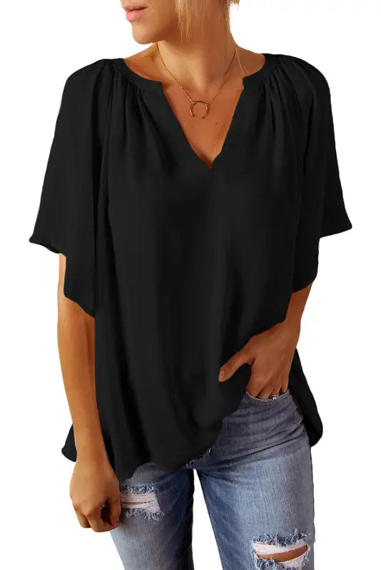 White split neck pleated loose top - tops