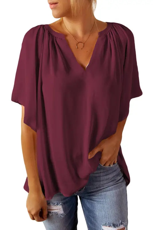 White split neck pleated loose top - tops