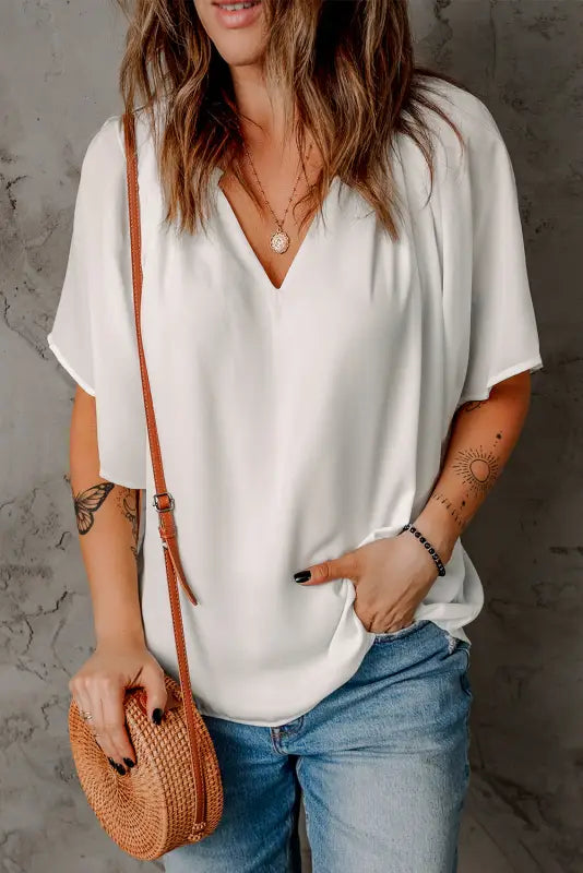 White split neck pleated loose top - tops