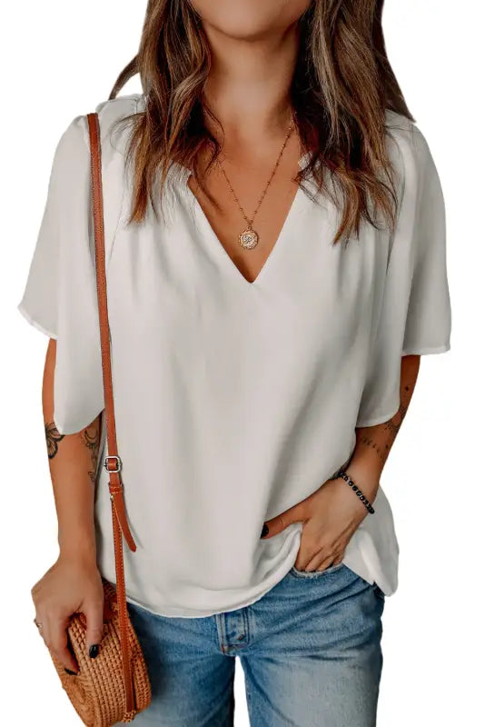 White split neck pleated loose top - tops