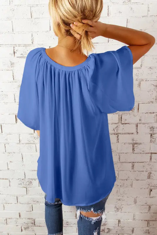 White split neck pleated loose top - tops