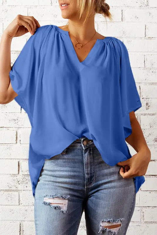 White split neck pleated loose top - tops