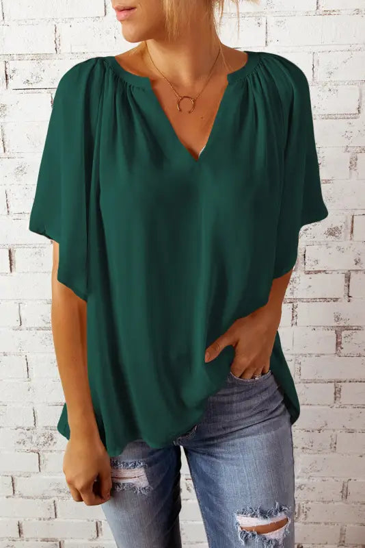 White split neck pleated loose top - tops