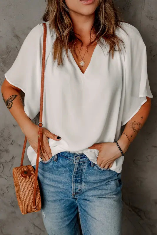 White split neck pleated loose top - tops