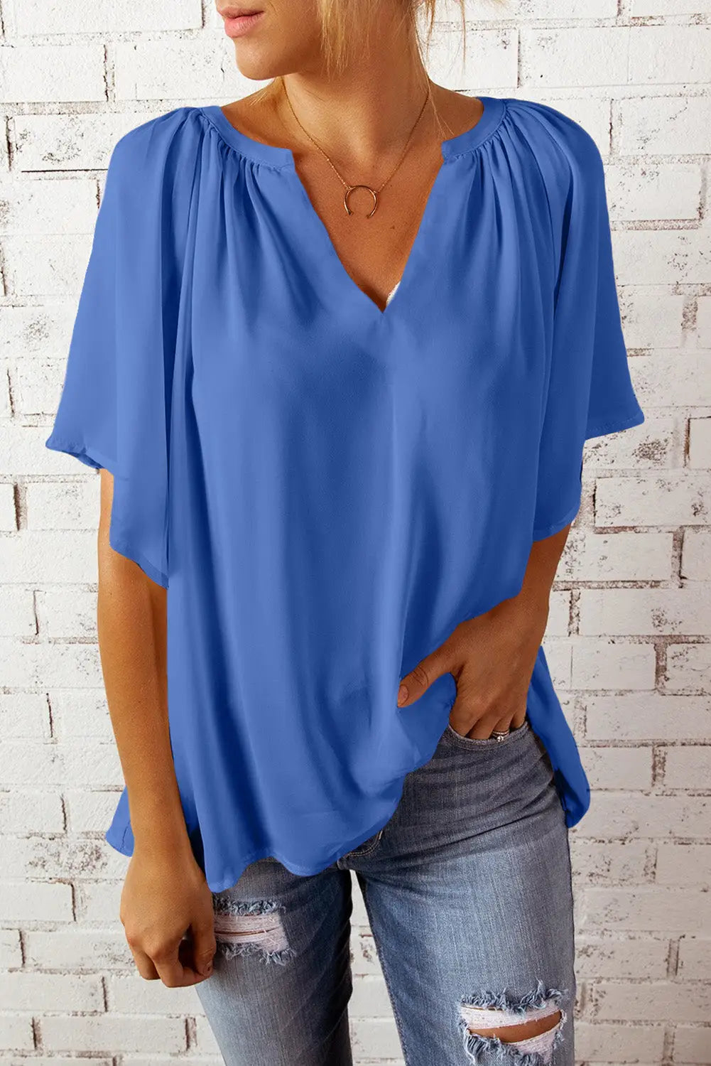 White split neck pleated loose top - blue / s / 100% polyester - tops