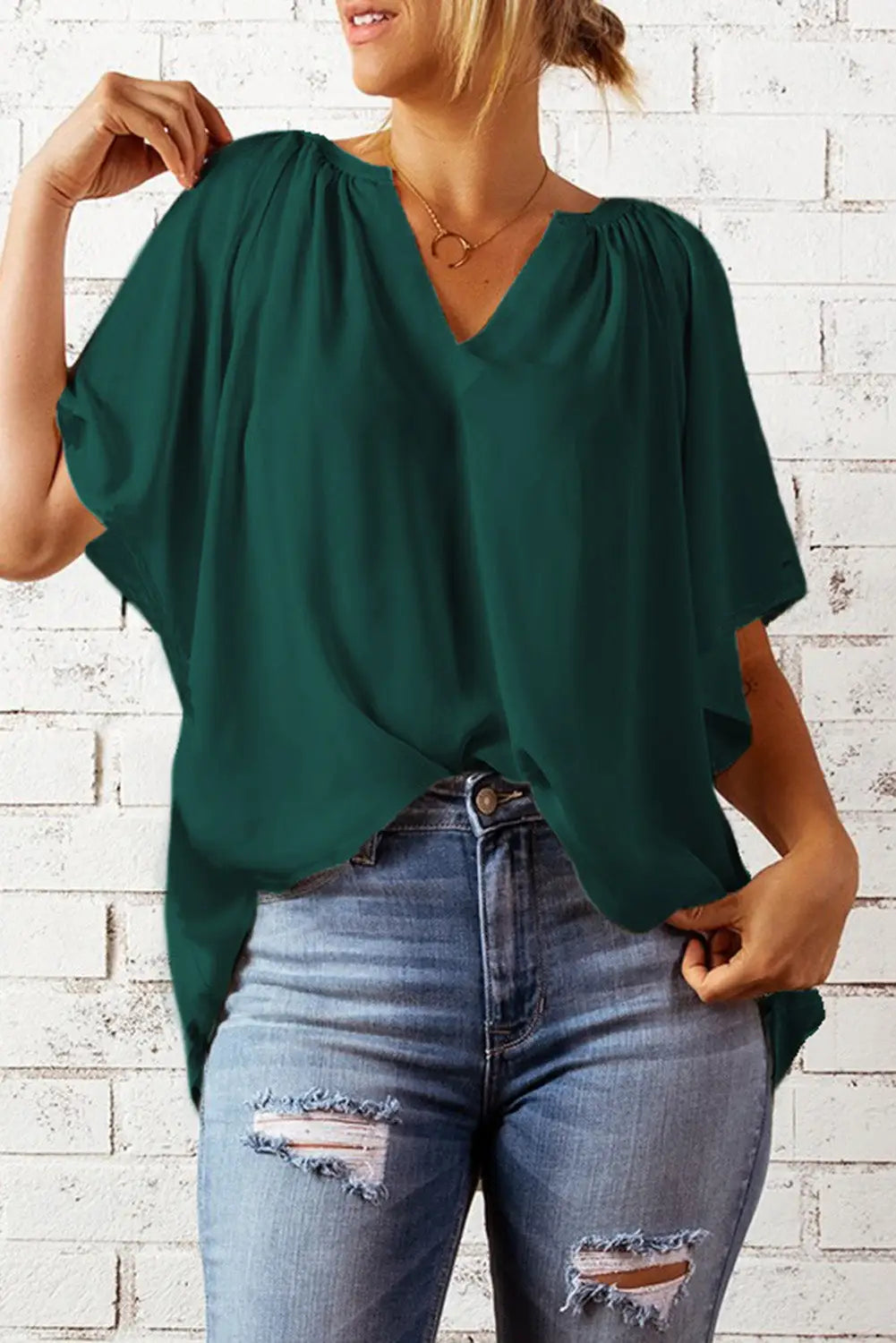White split neck pleated loose top - green / s / 100% polyester - tops