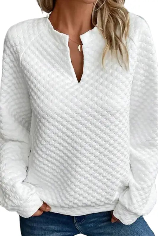 White split neck quilted long sleeve top - tops