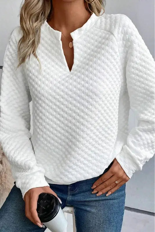 White split neck quilted long sleeve top - tops