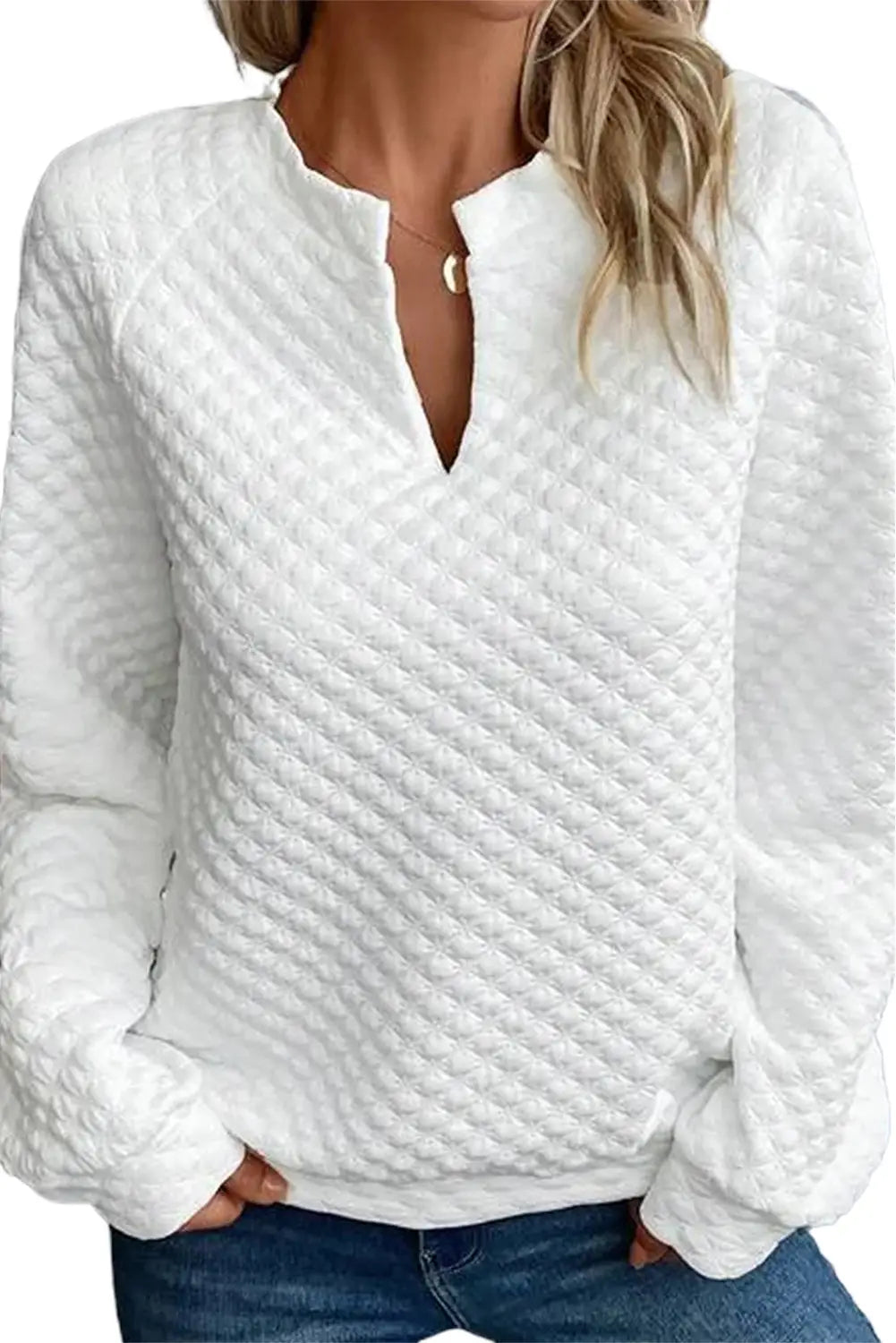 White split neck quilted long sleeve top - tops