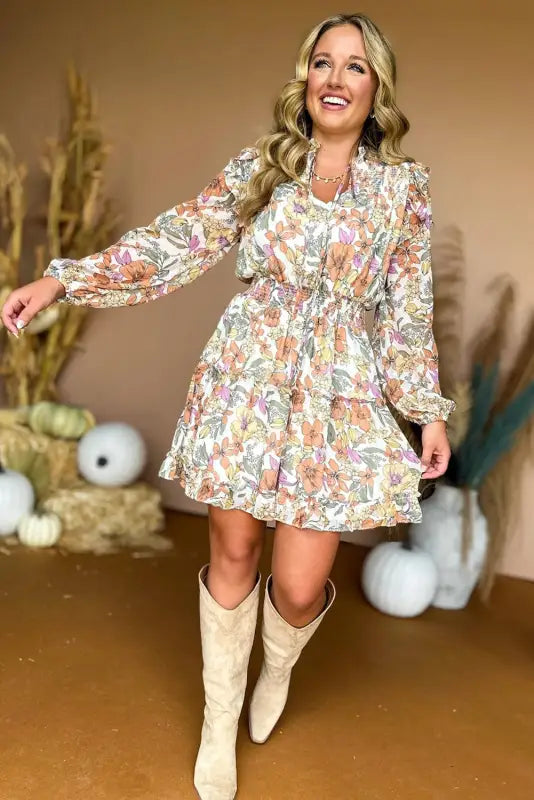 White split neck smocked waist ruffled floral dress - dresses