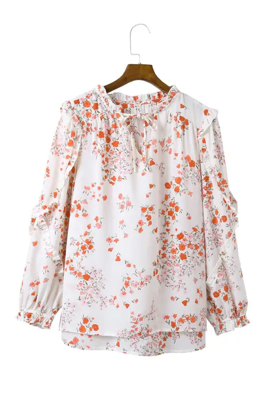 White split v neck floral plus size blouse with ruffles