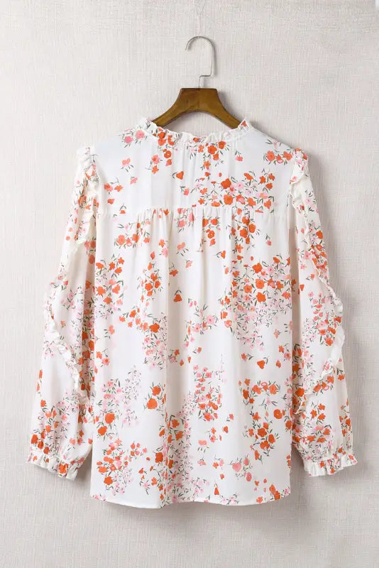 White split v neck floral plus size blouse with ruffles