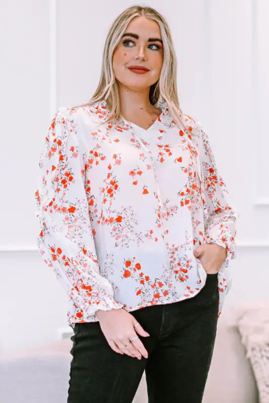 White split v neck floral plus size blouse with ruffles