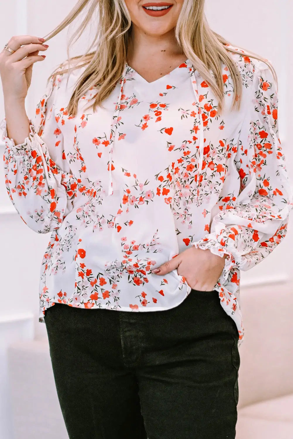 White split v neck floral plus size blouse with ruffles - 1x / 100% polyester