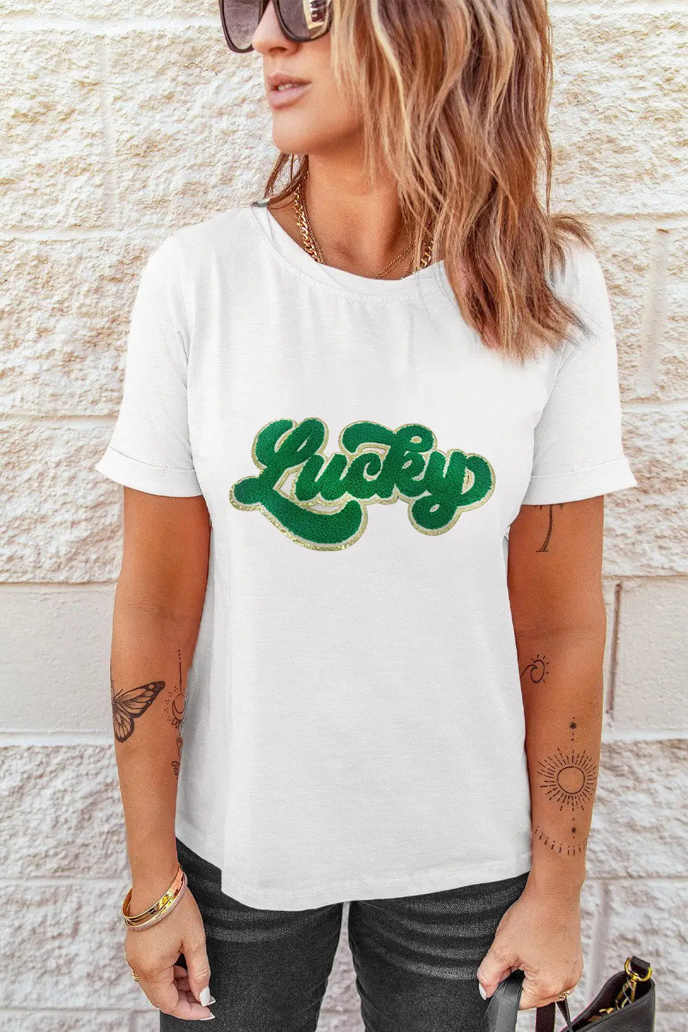 White st. Patrick lucky chenille glitter patched graphic t shirt - t-shirts
