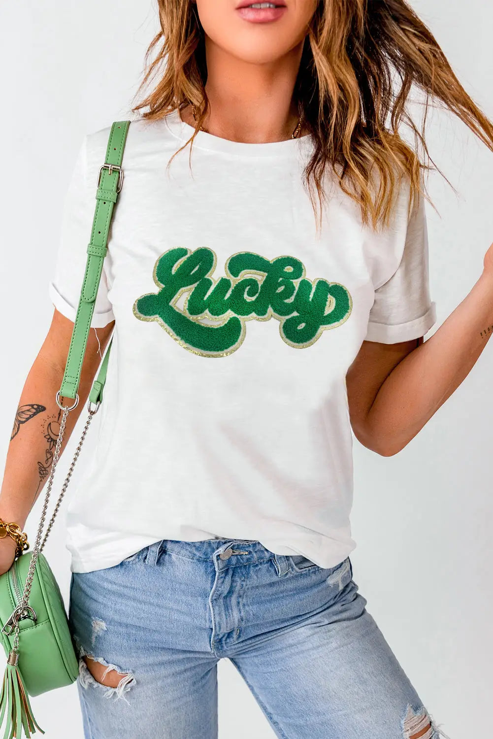 White st. Patrick lucky chenille glitter patched graphic t shirt - t-shirts