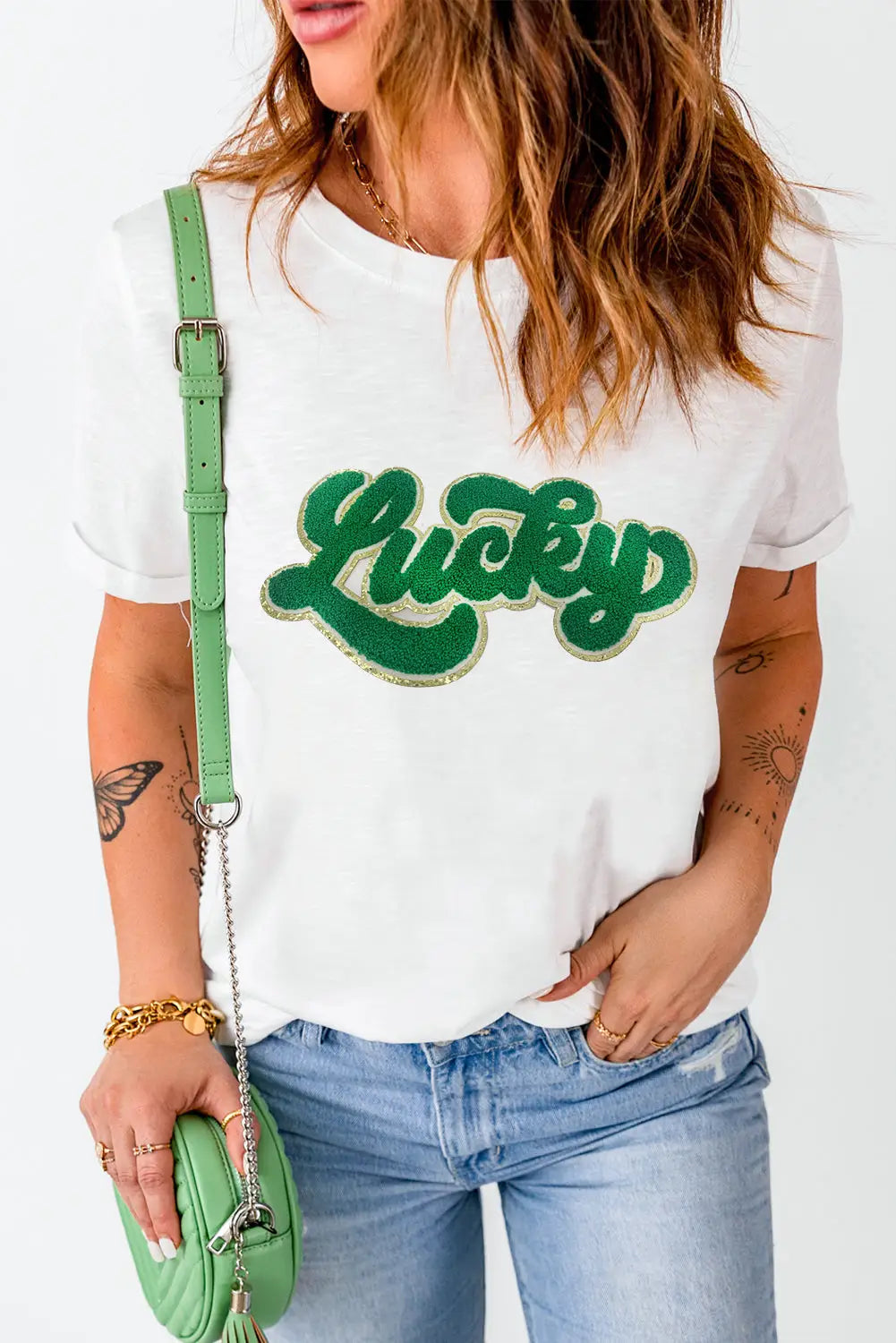 White st. Patrick lucky chenille glitter patched graphic t shirt - s / 62% polyester + 32% cotton + 6% elastane
