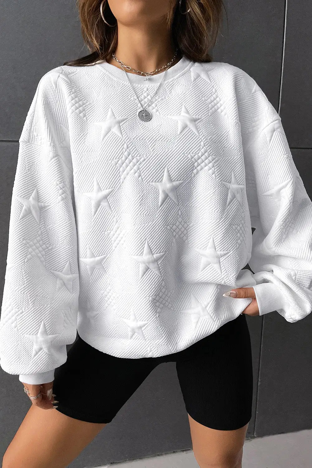 White star embossed textured drop shoulder sweatshirt - l / 95% polyester + 5% elastane - sweatshirts & hoodies