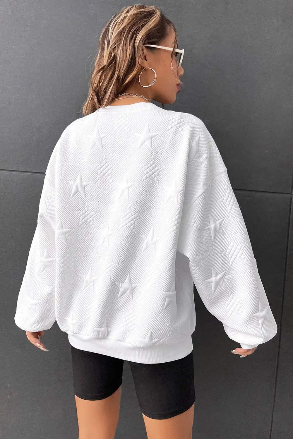 White star embossed textured drop shoulder sweatshirt - sweatshirts & hoodies
