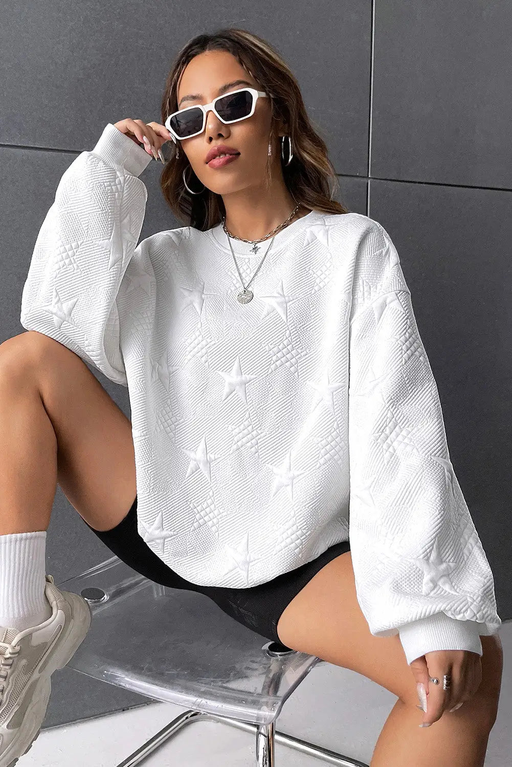 White star embossed textured drop shoulder sweatshirt - sweatshirts & hoodies