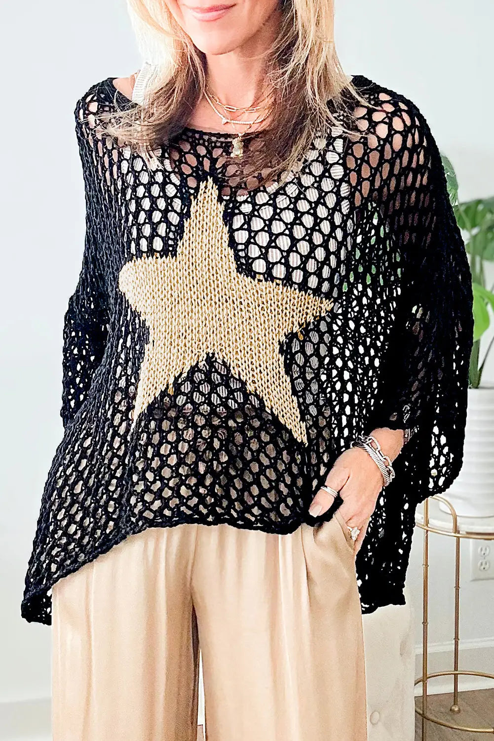 White star graphic crochet summer top - black / s / 100% acrylic - tops/tops & tees