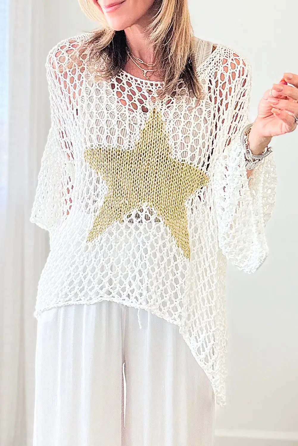 White star graphic crochet summer top - s / 100% acrylic - tops/tops & tees