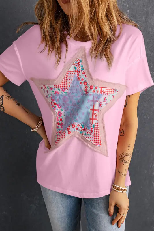 White star loose t-shirt - pink / s / 95% cotton + 5% elastane - tops/tops & tees