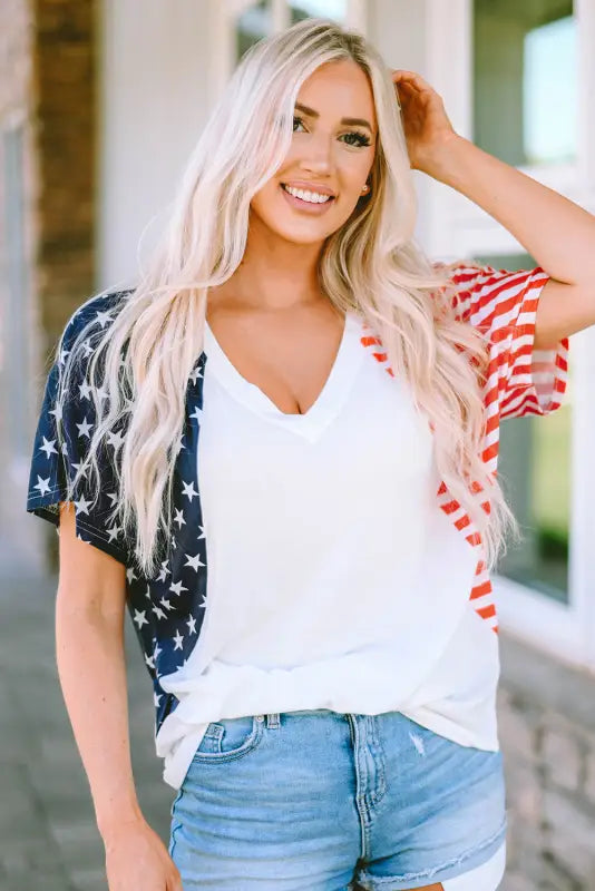 White the us stars and stripes v neck tee - t-shirts