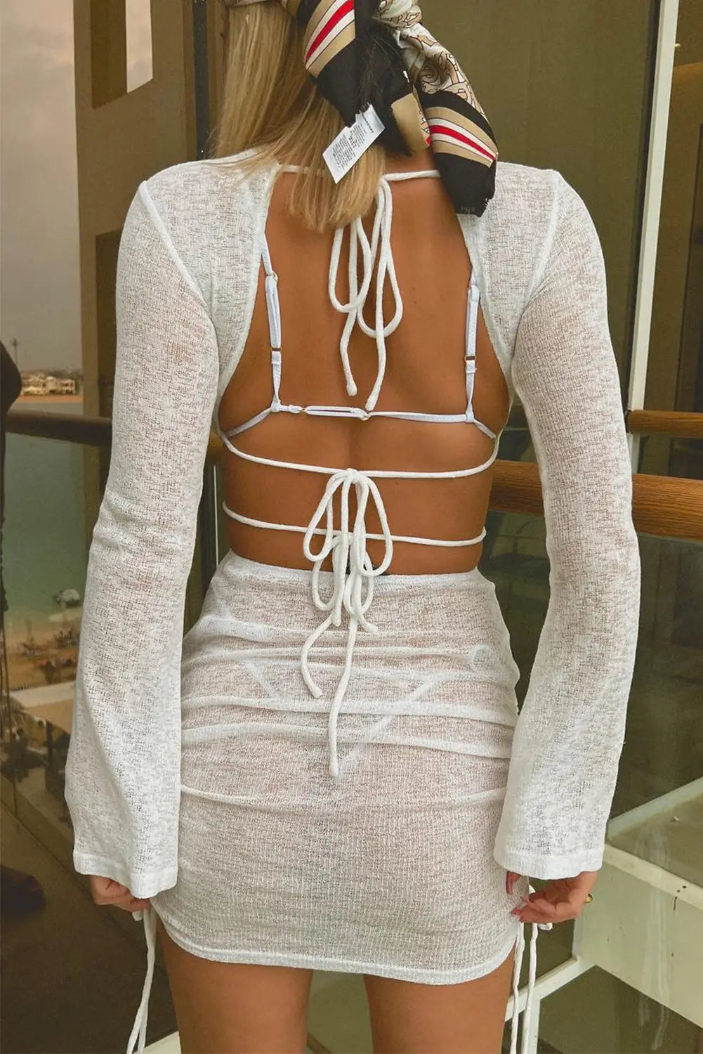 White strappy tie back cutout sheer knit bell sleeve cover