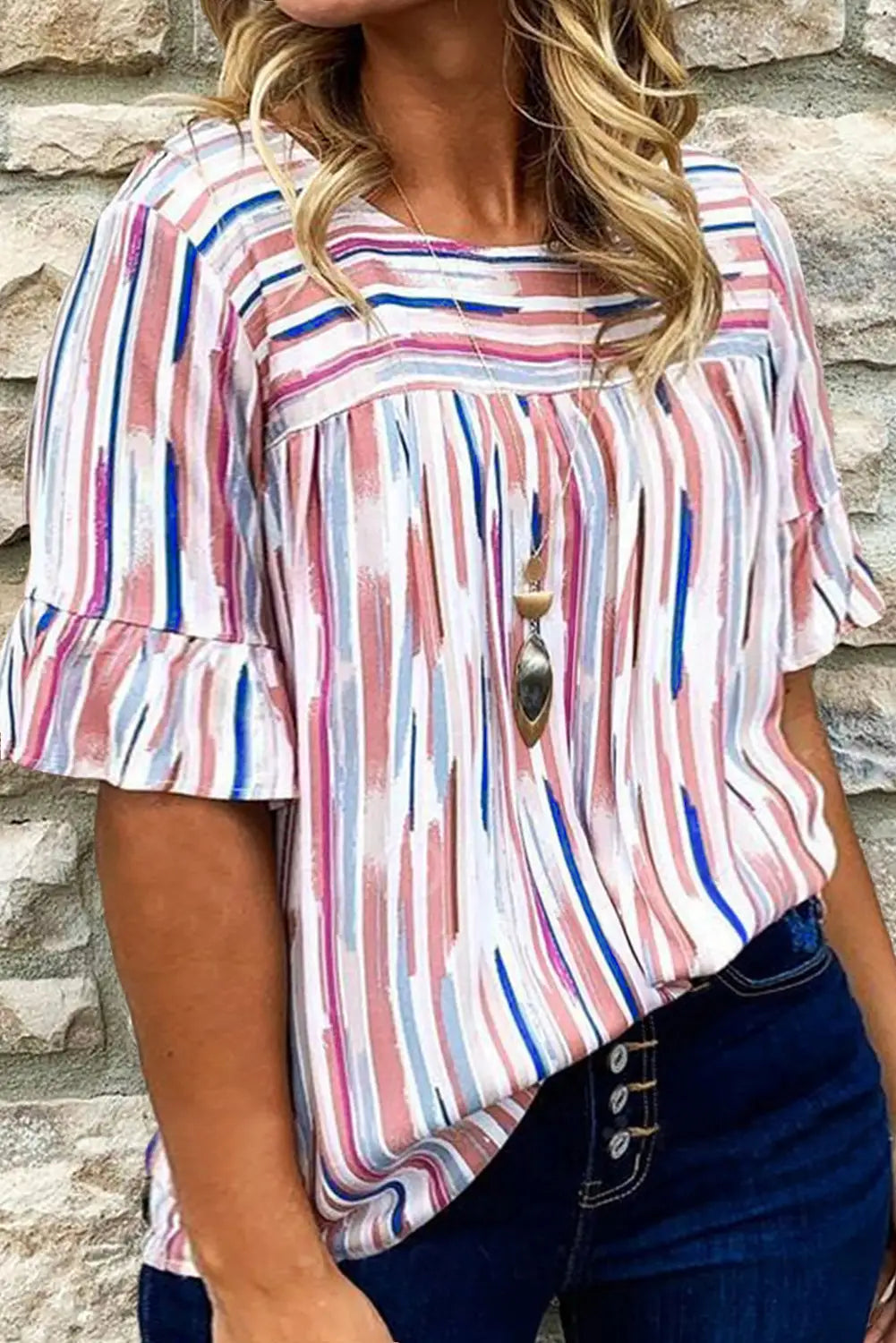 White stripe blouse - ruffled short sleeve plus size - 1x / 100% polyester - blouses & shirts
