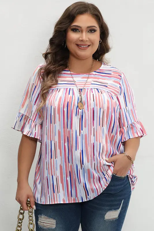 White stripe blouse - ruffled short sleeve plus size - size/plus tops/plus blouses & shirts