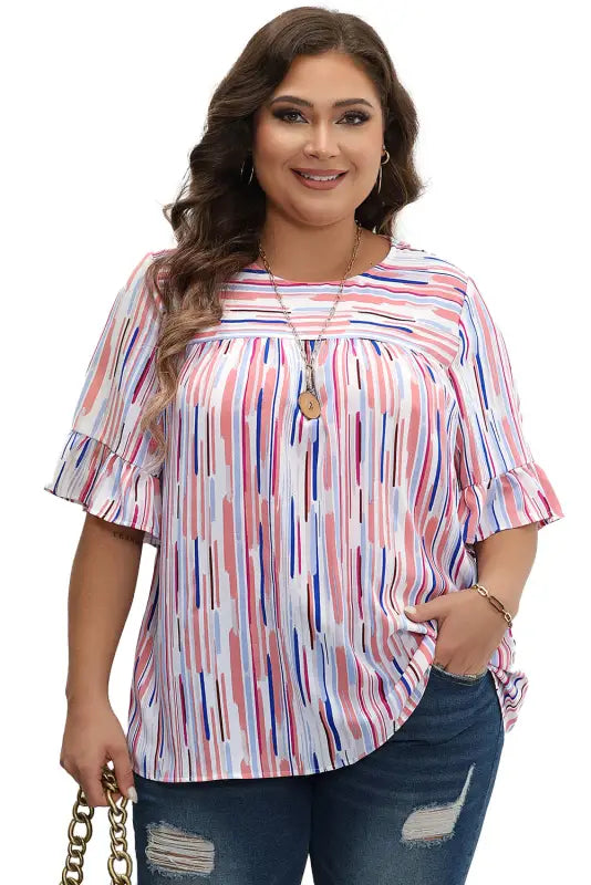 White stripe blouse - ruffled short sleeve plus size - size/plus tops/plus blouses & shirts