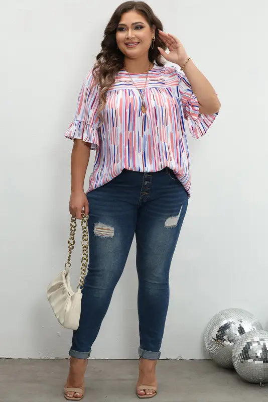 White stripe blouse - ruffled short sleeve plus size - size/plus tops/plus blouses & shirts