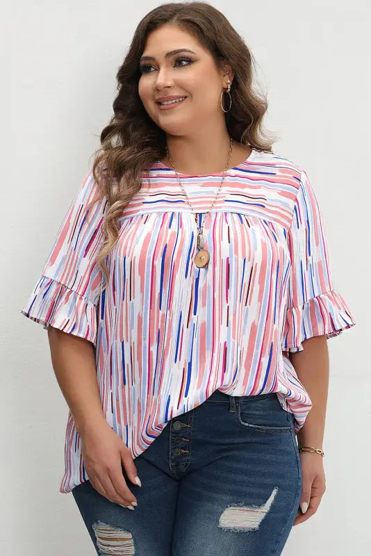 White stripe blouse - ruffled short sleeve plus size - size/plus tops/plus blouses & shirts