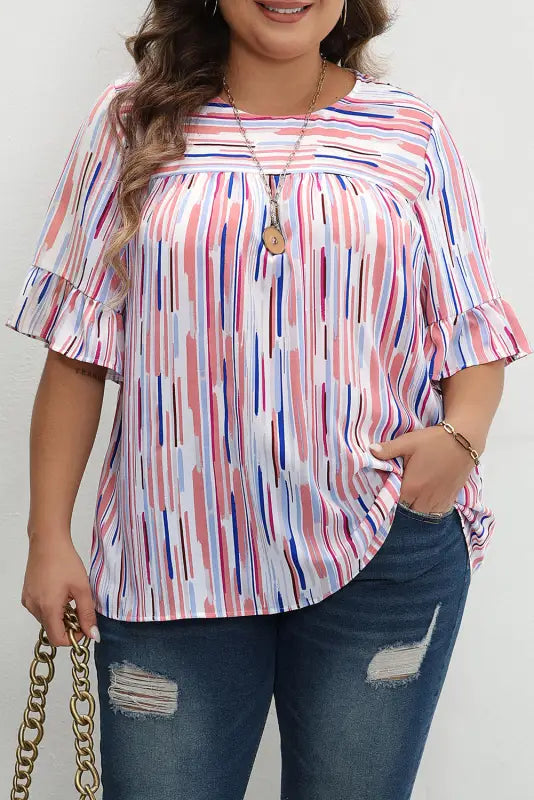 White stripe blouse - ruffled short sleeve plus size - size/plus tops/plus blouses & shirts