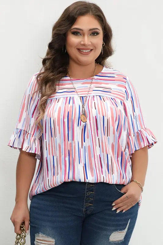 White stripe blouse - ruffled short sleeve plus size - size/plus tops/plus blouses & shirts