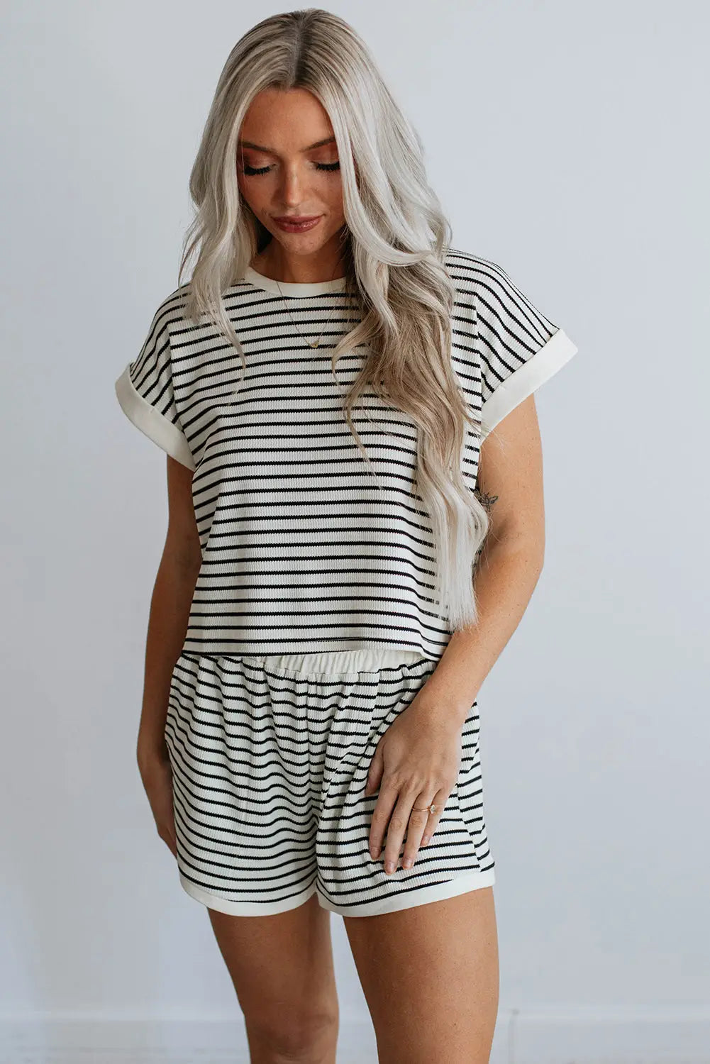 White stripe contrast edge tee and shorts set - two piece sets/short sets
