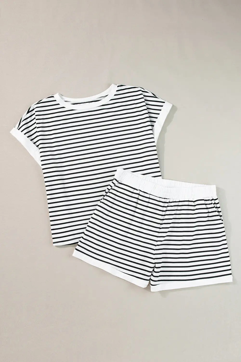 White stripe contrast edge tee and shorts set - two piece sets/short sets