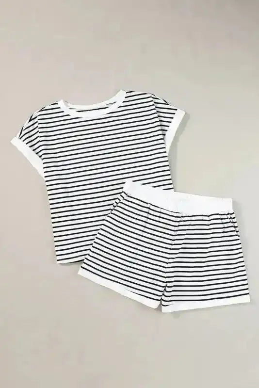 White Stripe Contrast Edge Tee and Shorts Set - Fashionfitz