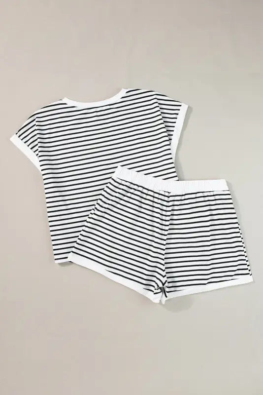 White stripe contrast edge tee and shorts set - two piece sets/short sets