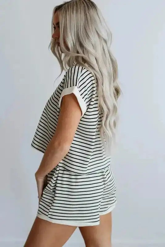 White Stripe Contrast Edge Tee and Shorts Set - Fashionfitz