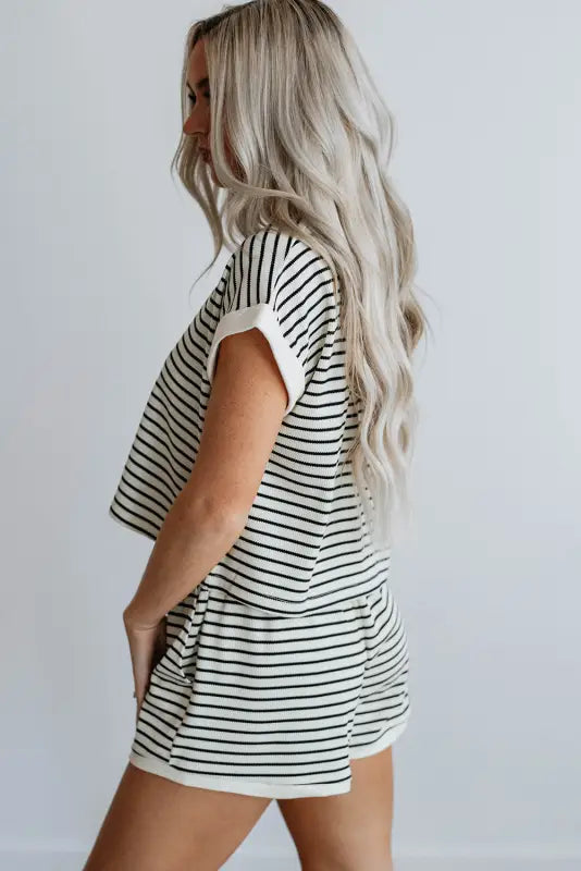 White stripe contrast edge tee and shorts set - two piece sets/short sets