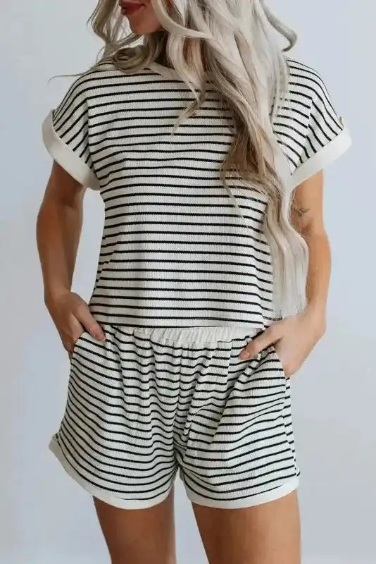 White stripe contrast edge tee and shorts set front view — Fashionfitz UK
